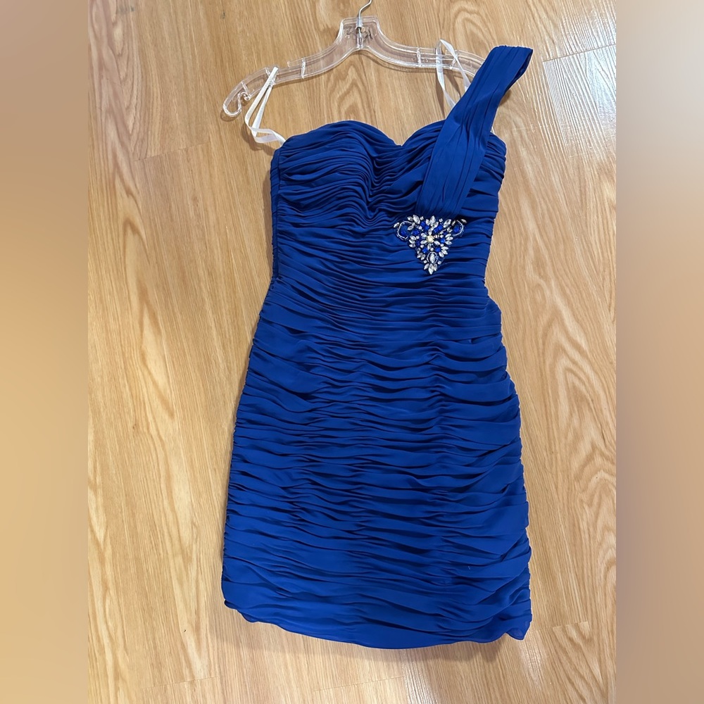 Blue Rouched One-Shoulder Cocktail Dress